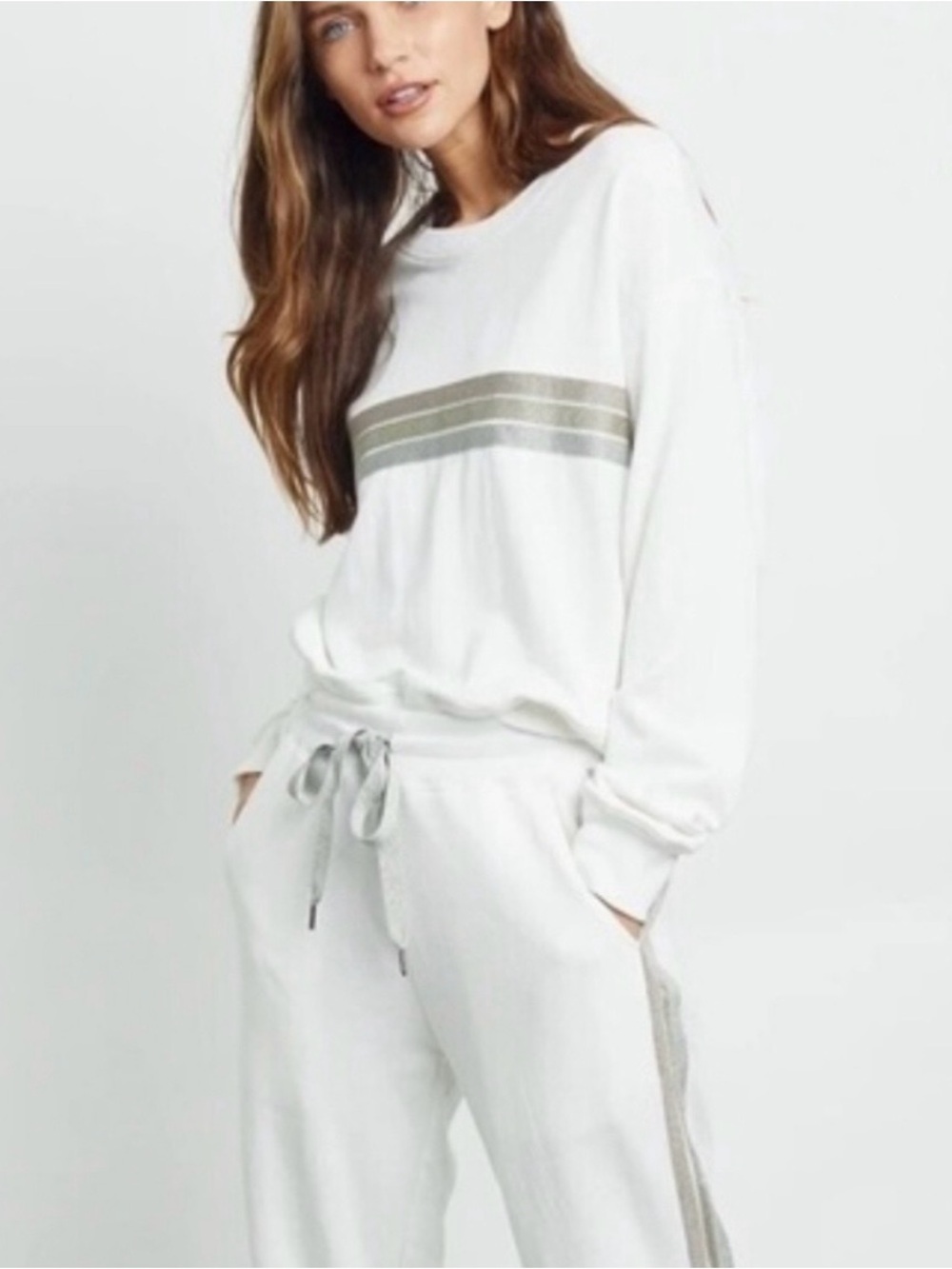 Rails White Crewneck Sweater with Olive-Gold Metallic Stripes